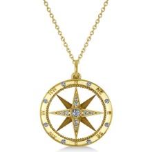 Compass Necklace Pendant Diamond Accented 14k Yellow Gold 0.19ctw