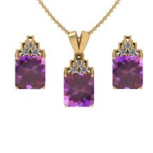 5.00 Ctw VS/SI1 Amethyst and Diamond 14K Yellow Gold Pendant +Earrings Necklace Set (ALL DIAMOND ARE