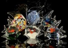 Six Art Glass Fish Paperweights