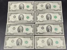 (8) Two Dollar Bills - Series 1976, 2003 2013