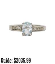 14K White Gold Ring Aquamarine & Diamonds Size -