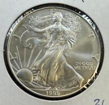 1999 US Silver Eagle Dollar Coin, .999 Fine Silver, GEM UNC