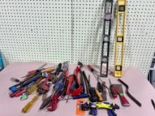 Asst. hand tools, levels, screwdrivers, clamps, and more, see all pics