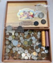 Cigar w/ Loads of Foreign Coinage, also a few US large Cents, 2 rolls of Canada Cents, see pics