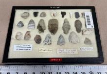 Arrowheads Frame from Whitley Co IN 20 + artifacts excavated from fire pit largest 2 1/2"