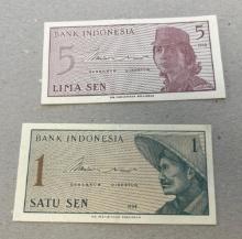 2- Bank of Indonesia Banknotes, Satu and Lima Sen, sells times the money