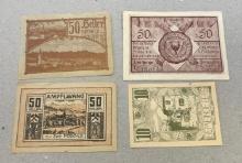 4 Pieces of Notgeld German Emergency Issue banknotes