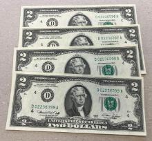 4- 1976 $2.00 Notes, w/ sequential serial numbers, SELLS TIMES THE MONEY