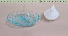 Blue Divided Candy Dish and Nesting hen milkglass chicken