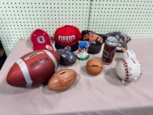 Sports Related coin banks, baseball, football, and asst, sports hats