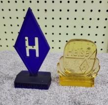 2- Heisey HCS Plaques, Blue one has chips, Yellow one is marked 86