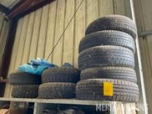 HD gray wooded shelve, includes quantity of tires