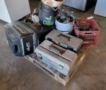 Pallet W/ 2 Tool Boxes and contents, Mercury Boat Motor, & Misc