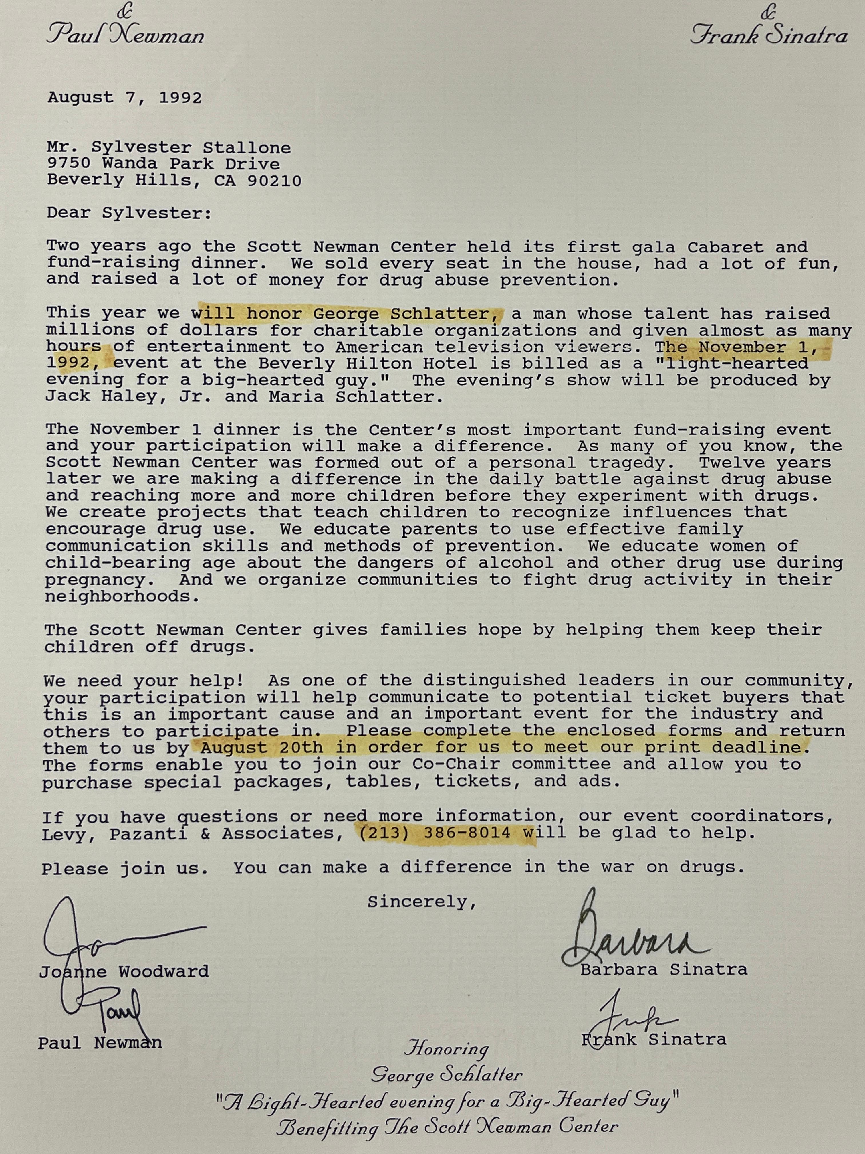 Frank Sinatra Letter Invitation to Sylvester Stallone 1992