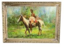 Antique Native American Oil Painting on Canvas Warrior on Horse Signed
