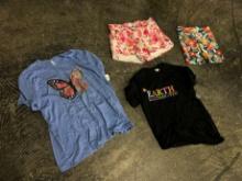ASSORTED CLOTHING - 2 TOPS, 2 BOTTOMS INCLUDING EARTH ILLUMINATED, BUTTERFL