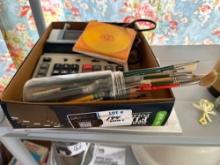 Calculator, art, supplies, brushes