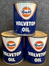 Lot 3 NOS Full Gulf Oil Valvetop Oil Cans 1 Pint