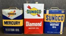 Lot 3 Sunoco 2 Gallon Motor Oil Cans: Mercury Made, Diamond & Mercury