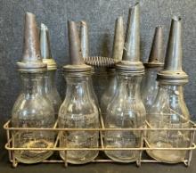 Lot 8 Early 20s-30s Huffman & Brookins Glass Quart Oil Bottles w/ Carrier
