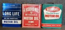 Lot 3 2 Gallon Motor Oil Cans: Long Life, E-Kon-O-Mee, Wearwell