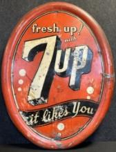 Fresh Up 7up It Likes You 1940s Self Framed 39" 1940s Painted Metal Advertising Soda Pop Sign