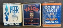 Nice Lot 3 Original 2 Gallon Motor Oil Cans: Texaco Valor, Double Eagle & Peer Peerless