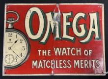 Omega The Watch Of Matchless Merits Tin Embossed 1920s Advertising Jewelry Sign