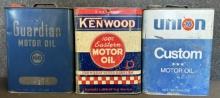 Lot 3 Original 50s 2 Gallon Motor Oil Cans Pure Guardian, Kenwood & Union 76
