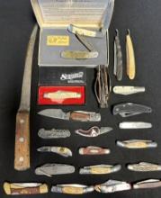 Large Lot 24 Collectible Knives: Case, Sharp, Parker Buffalo Skinner & Shrade Srimshaw w/ Box
