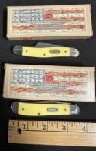 Pair NOS No 00035 Yellow Syn. Smooth Stockman & 00029 Yel Syn Mint Trapper Case Knives w/ Box