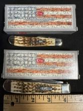 No 00013 Amber Peach Seed Jig Mini Trapper & No 00164 Peach Seed Jig Case & Sons Knives w/ Boxes