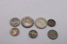 1964 and 1966 Half Dollar, three buffalo nickels, and two quarters