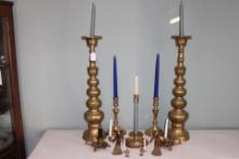 11 Brass Candle Holders with Candles