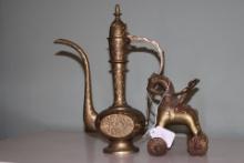 19th Century Indian Brass Horse Temple Toy and Vintage India Sarna Brass Teapot