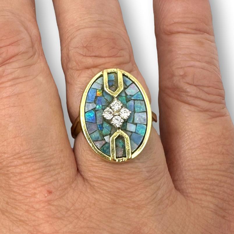 Modernist Opal and Diamond 14K Gold Ring