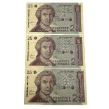 3 Uncirculated Croation 25 Dinares Banknotes