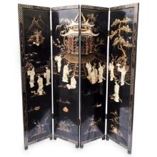 Chinese Black Lacquered 4-Panel Screen