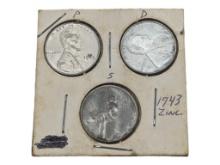 Lot of 3 Steel Pennies - 1943, Various Mints