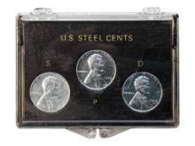 1943 US Steel Cents in case - S, P & D