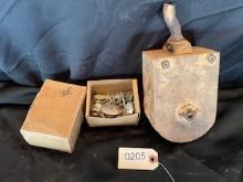 Wooden Pulley and Box of Tiny Pulleys