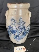 Rowe Pottery Works Salt Glazed Blue Bird Stonware Jug/Crock