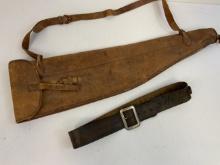 ANTIQUE LEATHER RIFLE CASE AND GUN BELT