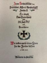 WWI IMPERIAL GERMANY LT. ALFRED NIEDERHOFF PILOT MEMORIAL KILLED IN ACTION DOCUMMENT