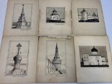 IMPERIAL RUSSIA SET OF RELIGIOUS BUILDINGS CHURCHES ANTIQUE HAND DRAWINGS