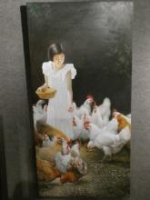 Unsigned  Chinese Woman Feeding Chickens Oil Painting
