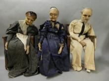 Set 3 Antique Wax Dolls Three Old People in Chairs Grandma & Grandpa