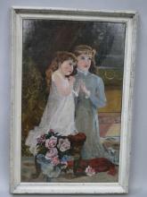 19th Century Unsigned Praying Girls Oil Painting