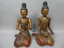 Pair Vintage Burmese Thailand Gilt Carved Wood Seated Buddha's Statues