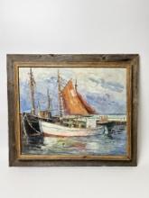 Vintage Painting Boat In Harbor Signed